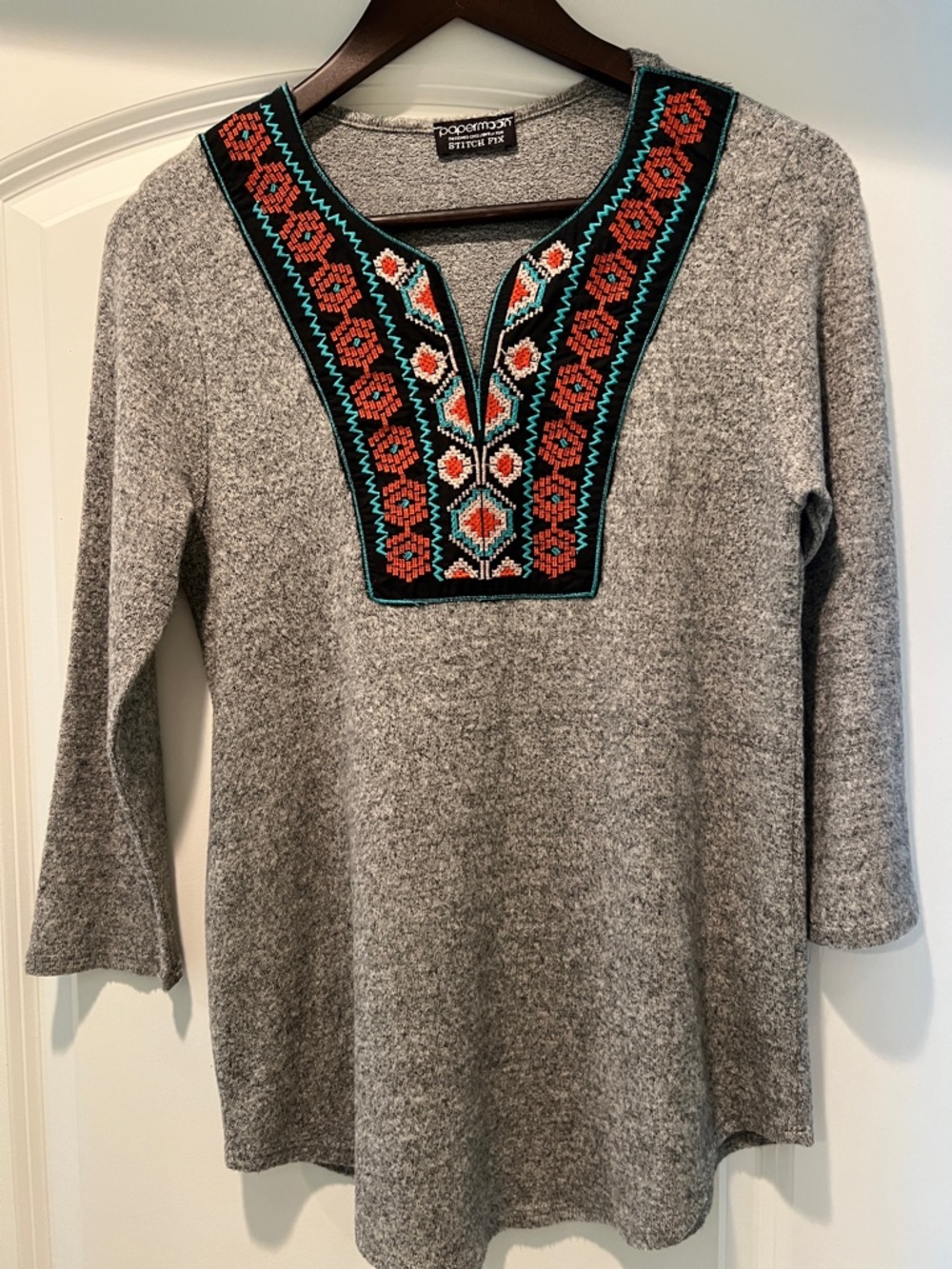 Papermoon Grey Tunic with Orange and Teal Embroidered V-Panel